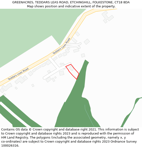 GREENACRES, TEDDARS LEAS ROAD, ETCHINGHILL, FOLKESTONE, CT18 8DA: Location map and indicative extent of plot