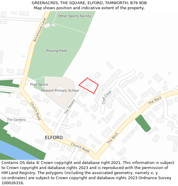 GREENACRES, THE SQUARE, ELFORD, TAMWORTH, B79 9DB: Location map and indicative extent of plot