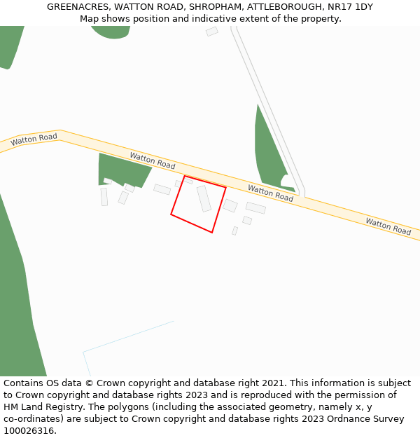 GREENACRES, WATTON ROAD, SHROPHAM, ATTLEBOROUGH, NR17 1DY: Location map and indicative extent of plot