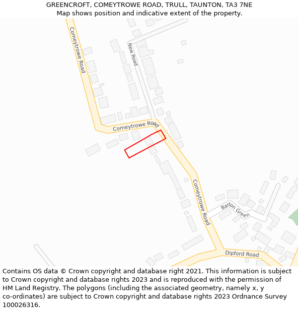 GREENCROFT, COMEYTROWE ROAD, TRULL, TAUNTON, TA3 7NE: Location map and indicative extent of plot