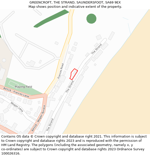 GREENCROFT, THE STRAND, SAUNDERSFOOT, SA69 9EX: Location map and indicative extent of plot