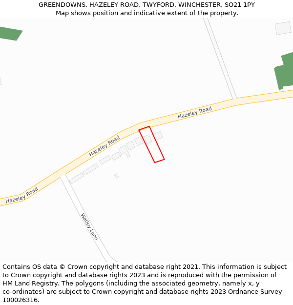 GREENDOWNS, HAZELEY ROAD, TWYFORD, WINCHESTER, SO21 1PY: Location map and indicative extent of plot