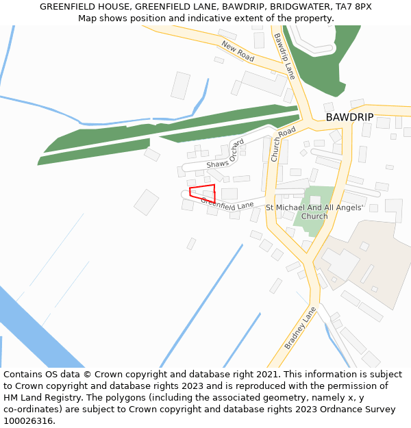 GREENFIELD HOUSE, GREENFIELD LANE, BAWDRIP, BRIDGWATER, TA7 8PX: Location map and indicative extent of plot