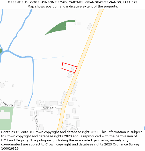 GREENFIELD LODGE, AYNSOME ROAD, CARTMEL, GRANGE-OVER-SANDS, LA11 6PS: Location map and indicative extent of plot