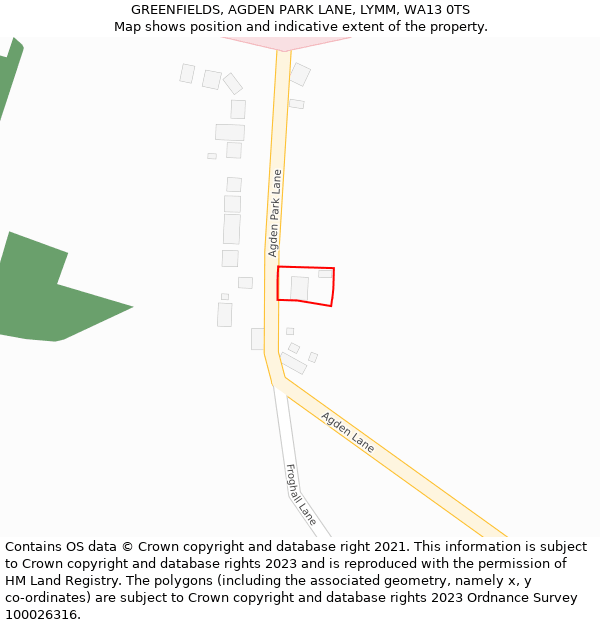 GREENFIELDS, AGDEN PARK LANE, LYMM, WA13 0TS: Location map and indicative extent of plot