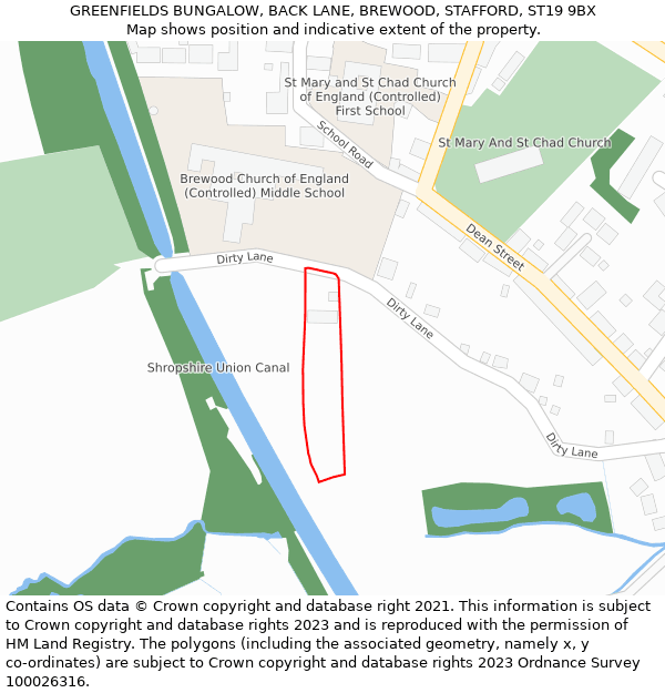 GREENFIELDS BUNGALOW, BACK LANE, BREWOOD, STAFFORD, ST19 9BX: Location map and indicative extent of plot