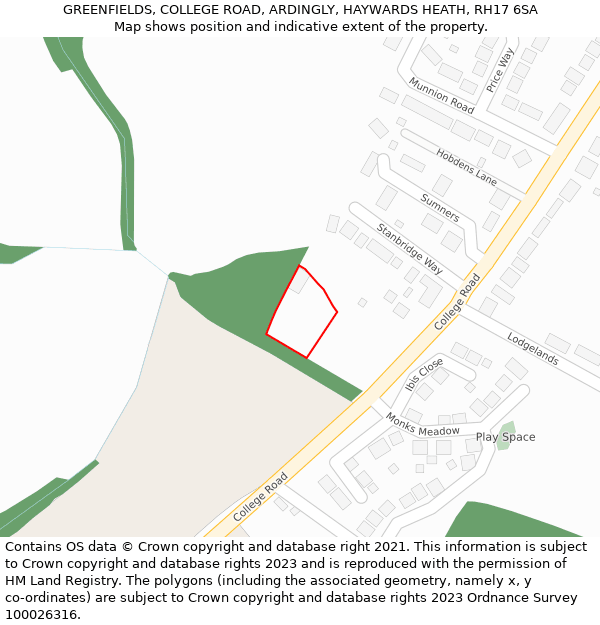 GREENFIELDS, COLLEGE ROAD, ARDINGLY, HAYWARDS HEATH, RH17 6SA: Location map and indicative extent of plot
