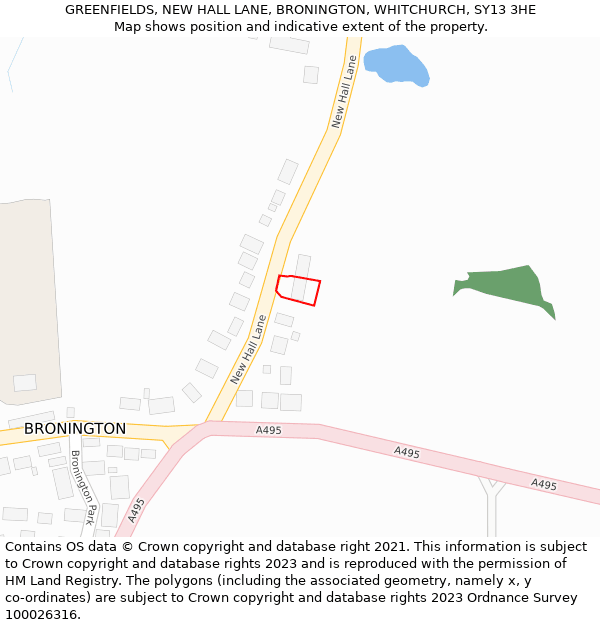 GREENFIELDS, NEW HALL LANE, BRONINGTON, WHITCHURCH, SY13 3HE: Location map and indicative extent of plot