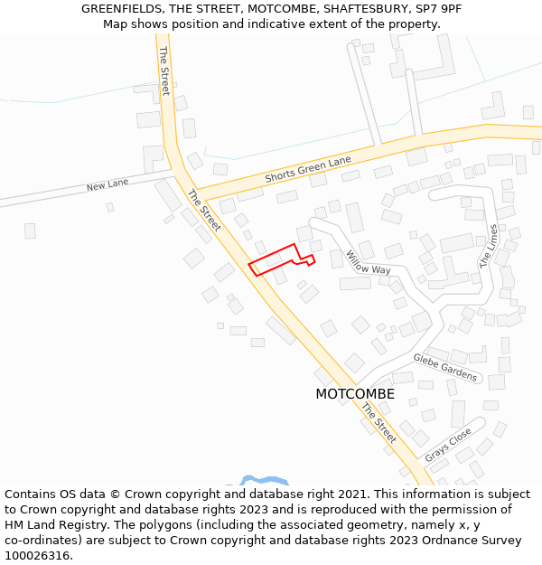 GREENFIELDS, THE STREET, MOTCOMBE, SHAFTESBURY, SP7 9PF: Location map and indicative extent of plot