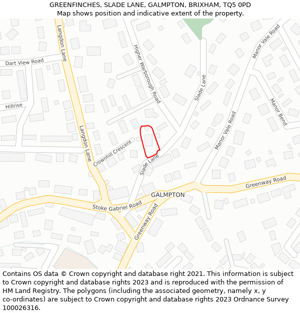 GREENFINCHES, SLADE LANE, GALMPTON, BRIXHAM, TQ5 0PD: Location map and indicative extent of plot