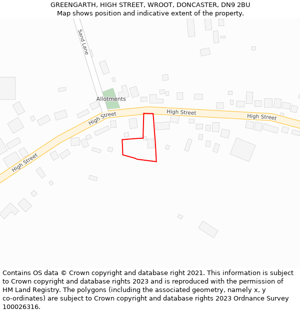 GREENGARTH, HIGH STREET, WROOT, DONCASTER, DN9 2BU: Location map and indicative extent of plot