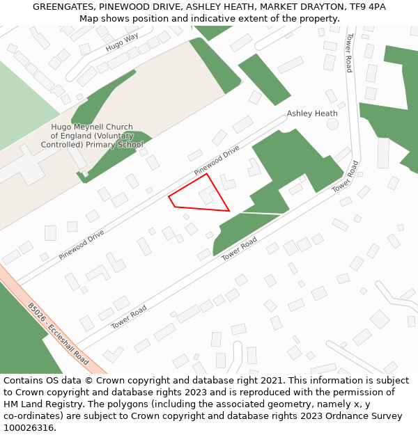 GREENGATES, PINEWOOD DRIVE, ASHLEY HEATH, MARKET DRAYTON, TF9 4PA: Location map and indicative extent of plot