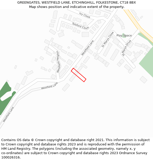 GREENGATES, WESTFIELD LANE, ETCHINGHILL, FOLKESTONE, CT18 8BX: Location map and indicative extent of plot