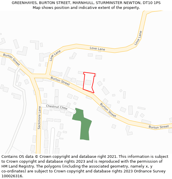 GREENHAYES, BURTON STREET, MARNHULL, STURMINSTER NEWTON, DT10 1PS: Location map and indicative extent of plot