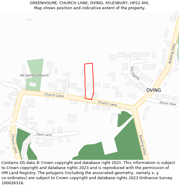 GREENHOLME, CHURCH LANE, OVING, AYLESBURY, HP22 4HL: Location map and indicative extent of plot