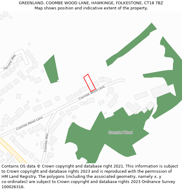 GREENLAND, COOMBE WOOD LANE, HAWKINGE, FOLKESTONE, CT18 7BZ: Location map and indicative extent of plot