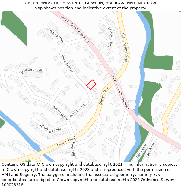 GREENLANDS, HILEY AVENUE, GILWERN, ABERGAVENNY, NP7 0DW: Location map and indicative extent of plot