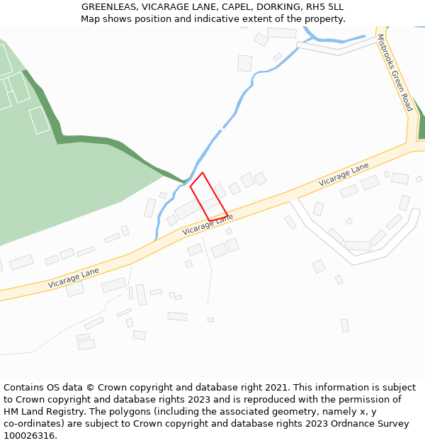 GREENLEAS, VICARAGE LANE, CAPEL, DORKING, RH5 5LL: Location map and indicative extent of plot