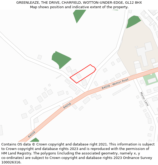 GREENLEAZE, THE DRIVE, CHARFIELD, WOTTON-UNDER-EDGE, GL12 8HX: Location map and indicative extent of plot