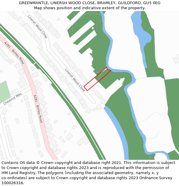 GREENMANTLE, LINERSH WOOD CLOSE, BRAMLEY, GUILDFORD, GU5 0EG: Location map and indicative extent of plot