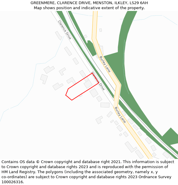 GREENMERE, CLARENCE DRIVE, MENSTON, ILKLEY, LS29 6AH: Location map and indicative extent of plot