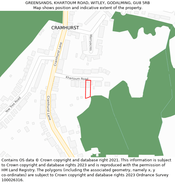 GREENSANDS, KHARTOUM ROAD, WITLEY, GODALMING, GU8 5RB: Location map and indicative extent of plot