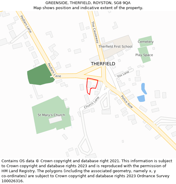 GREENSIDE, THERFIELD, ROYSTON, SG8 9QA: Location map and indicative extent of plot