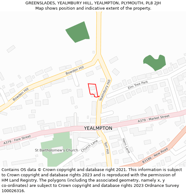 GREENSLADES, YEALMBURY HILL, YEALMPTON, PLYMOUTH, PL8 2JH: Location map and indicative extent of plot