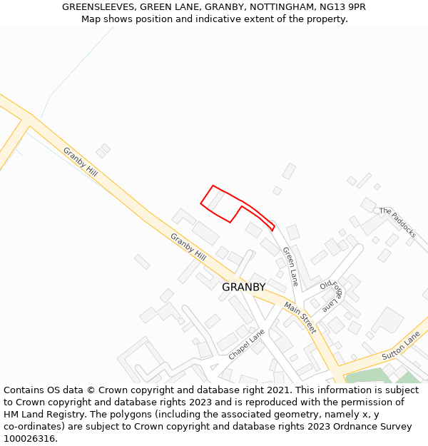 GREENSLEEVES, GREEN LANE, GRANBY, NOTTINGHAM, NG13 9PR: Location map and indicative extent of plot