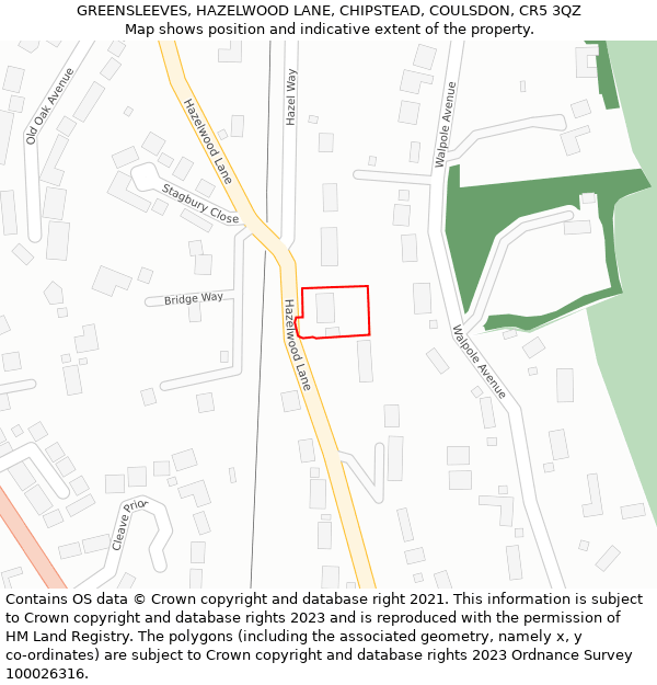 GREENSLEEVES, HAZELWOOD LANE, CHIPSTEAD, COULSDON, CR5 3QZ: Location map and indicative extent of plot