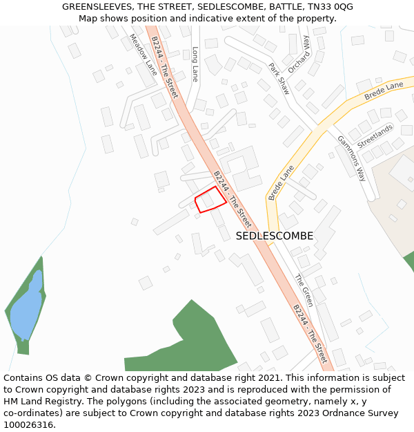 GREENSLEEVES, THE STREET, SEDLESCOMBE, BATTLE, TN33 0QG: Location map and indicative extent of plot