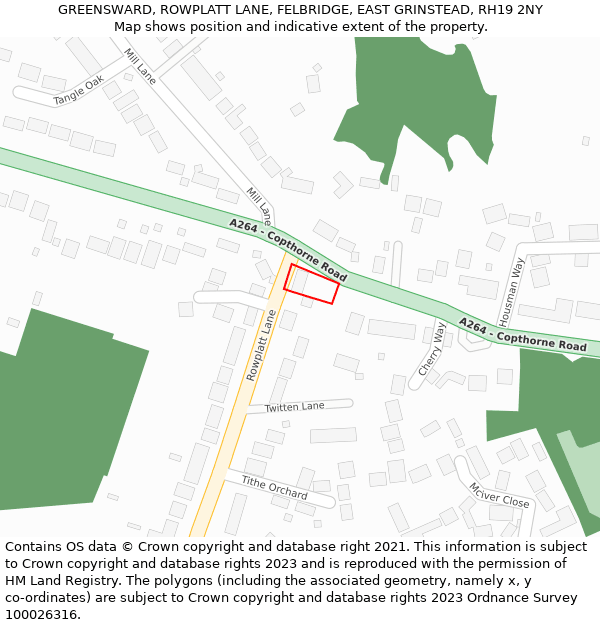 GREENSWARD, ROWPLATT LANE, FELBRIDGE, EAST GRINSTEAD, RH19 2NY: Location map and indicative extent of plot