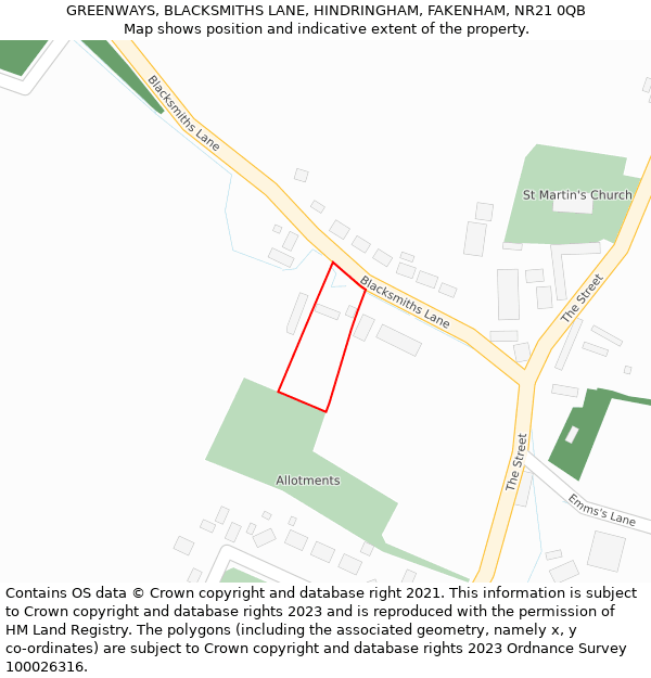 GREENWAYS, BLACKSMITHS LANE, HINDRINGHAM, FAKENHAM, NR21 0QB: Location map and indicative extent of plot