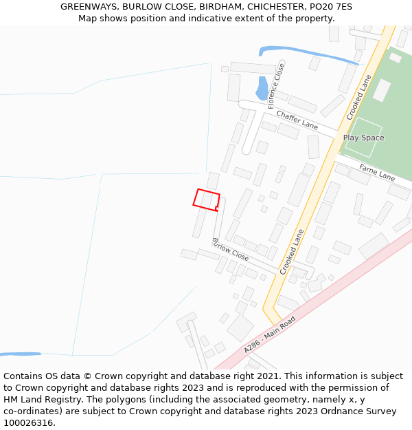 GREENWAYS, BURLOW CLOSE, BIRDHAM, CHICHESTER, PO20 7ES: Location map and indicative extent of plot