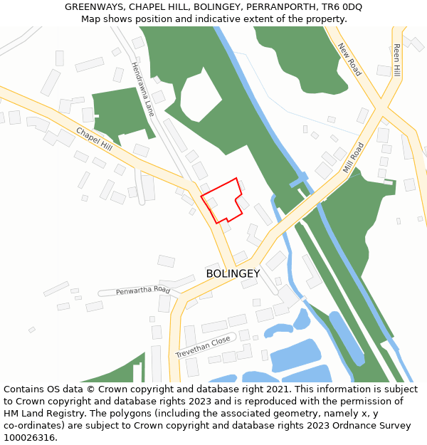 GREENWAYS, CHAPEL HILL, BOLINGEY, PERRANPORTH, TR6 0DQ: Location map and indicative extent of plot