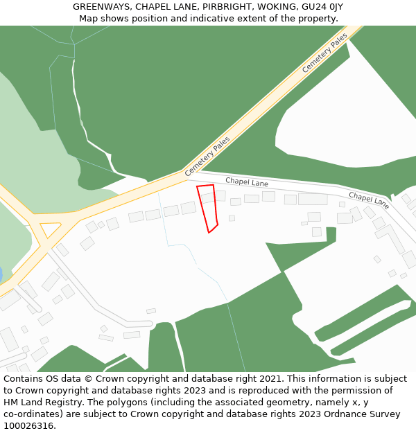 GREENWAYS, CHAPEL LANE, PIRBRIGHT, WOKING, GU24 0JY: Location map and indicative extent of plot