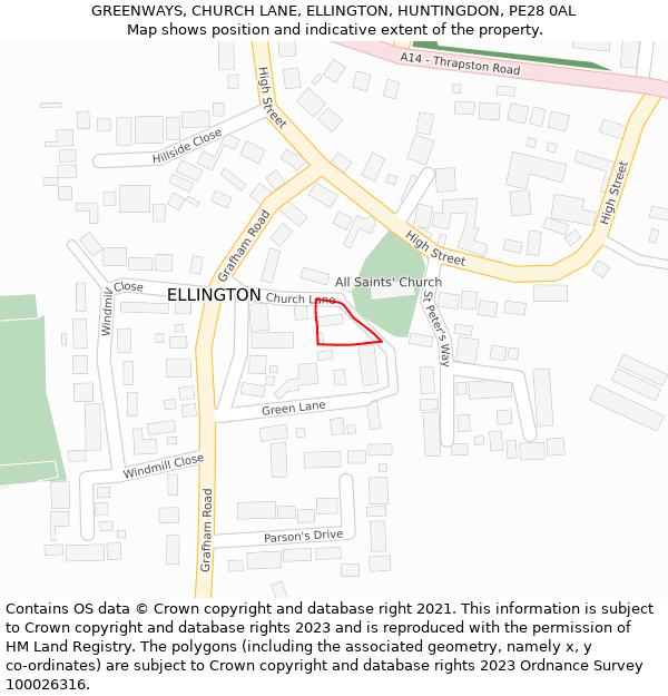 GREENWAYS, CHURCH LANE, ELLINGTON, HUNTINGDON, PE28 0AL: Location map and indicative extent of plot