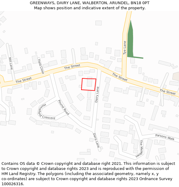 GREENWAYS, DAIRY LANE, WALBERTON, ARUNDEL, BN18 0PT: Location map and indicative extent of plot