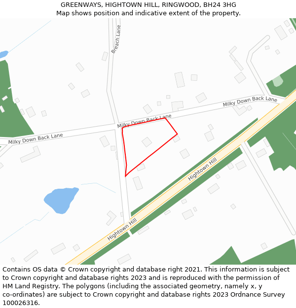 GREENWAYS, HIGHTOWN HILL, RINGWOOD, BH24 3HG: Location map and indicative extent of plot