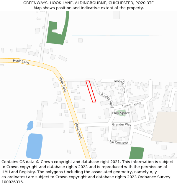 GREENWAYS, HOOK LANE, ALDINGBOURNE, CHICHESTER, PO20 3TE: Location map and indicative extent of plot