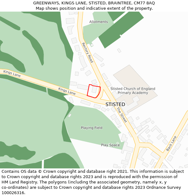 GREENWAYS, KINGS LANE, STISTED, BRAINTREE, CM77 8AQ: Location map and indicative extent of plot