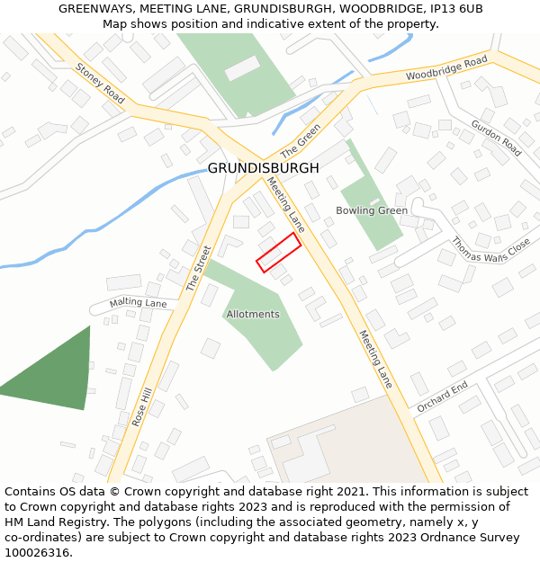 GREENWAYS, MEETING LANE, GRUNDISBURGH, WOODBRIDGE, IP13 6UB: Location map and indicative extent of plot