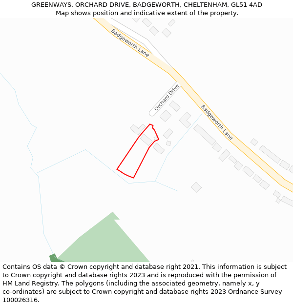 GREENWAYS, ORCHARD DRIVE, BADGEWORTH, CHELTENHAM, GL51 4AD: Location map and indicative extent of plot