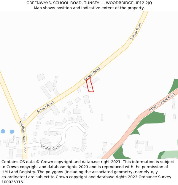 GREENWAYS, SCHOOL ROAD, TUNSTALL, WOODBRIDGE, IP12 2JQ: Location map and indicative extent of plot