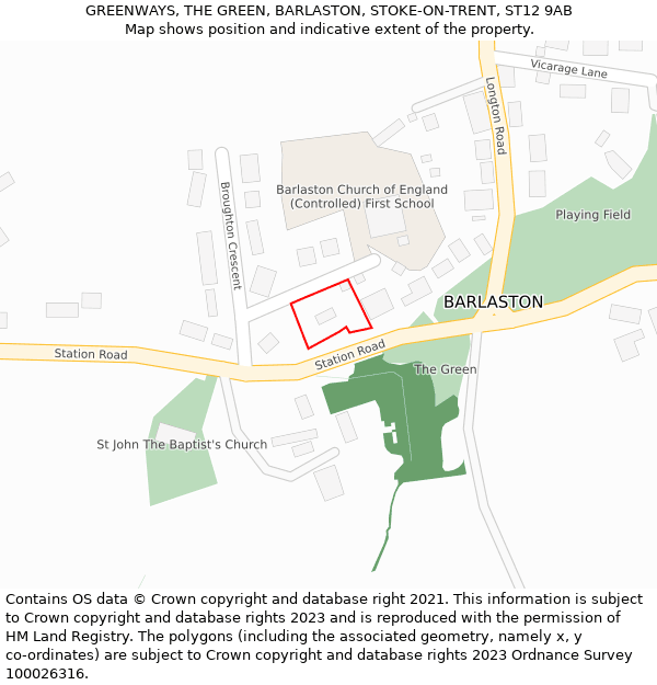 GREENWAYS, THE GREEN, BARLASTON, STOKE-ON-TRENT, ST12 9AB: Location map and indicative extent of plot