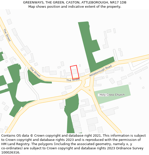 GREENWAYS, THE GREEN, CASTON, ATTLEBOROUGH, NR17 1DB: Location map and indicative extent of plot