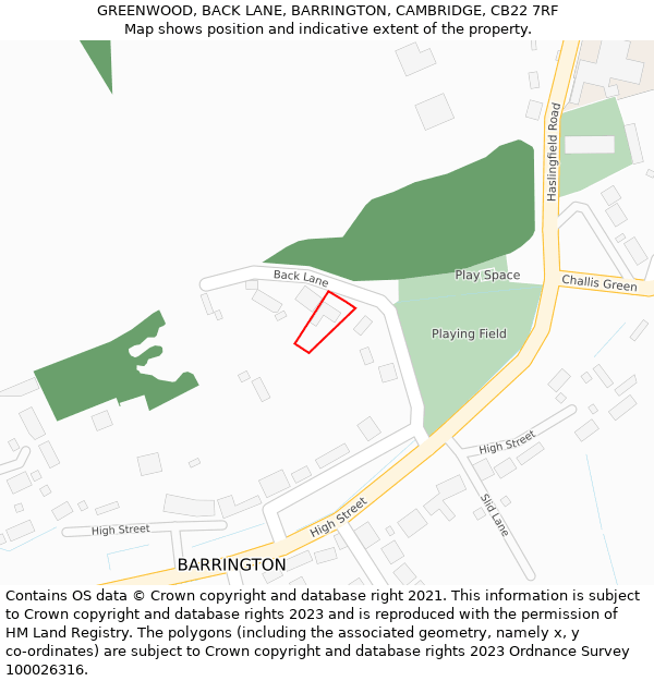 GREENWOOD, BACK LANE, BARRINGTON, CAMBRIDGE, CB22 7RF: Location map and indicative extent of plot