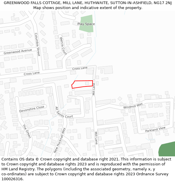 GREENWOOD FALLS COTTAGE, MILL LANE, HUTHWAITE, SUTTON-IN-ASHFIELD, NG17 2NJ: Location map and indicative extent of plot