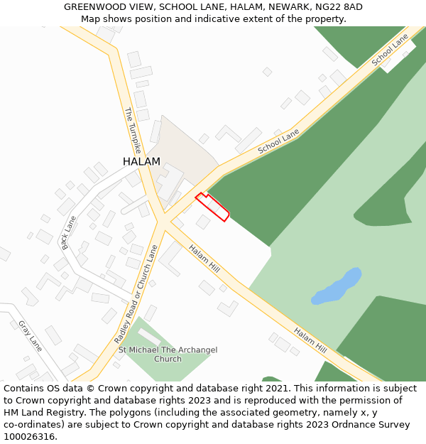 GREENWOOD VIEW, SCHOOL LANE, HALAM, NEWARK, NG22 8AD: Location map and indicative extent of plot