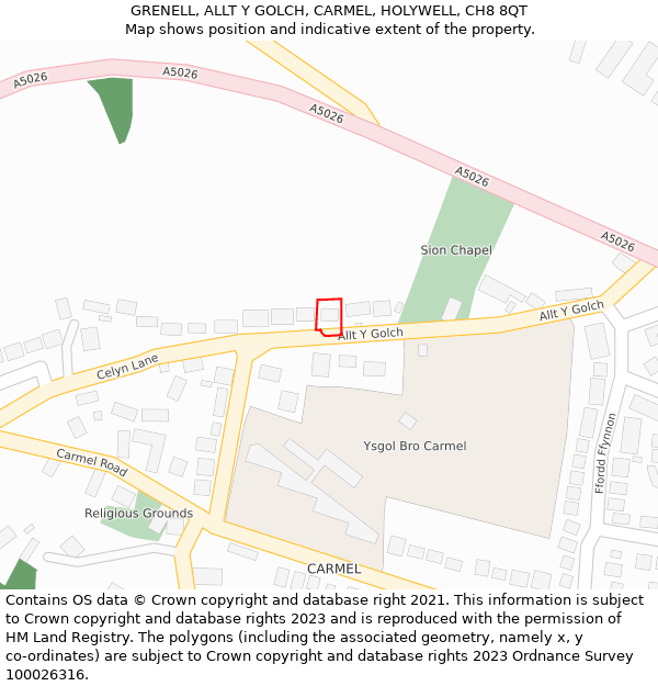 GRENELL, ALLT Y GOLCH, CARMEL, HOLYWELL, CH8 8QT: Location map and indicative extent of plot